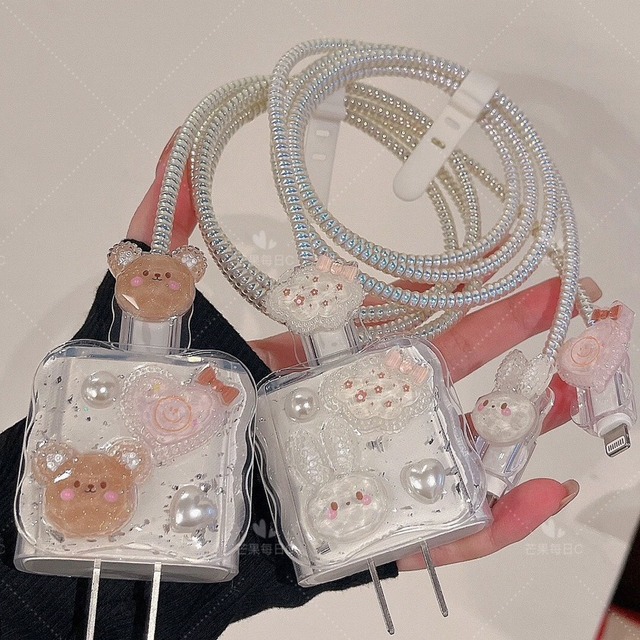 Cute 3D Rabbit Bear Love Heart USB Cable Charger Protector Cover for IPhone 18W/20W Data Line Bite Head Cord Fast Charging Case