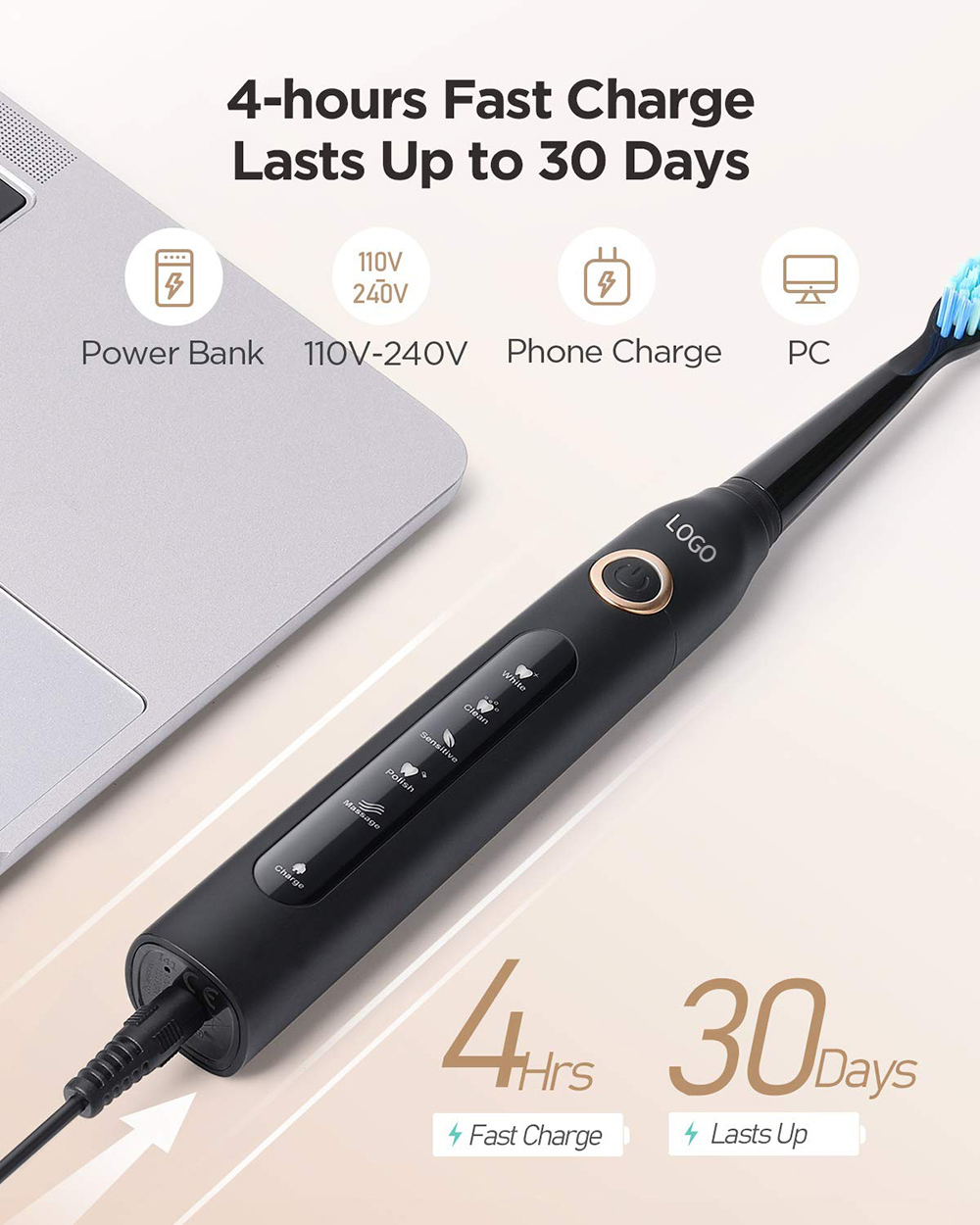 Waterproof IPX7 Electric Sonic Toothbrush 3.7V Rechargeable Toothbrush