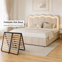 Cama con almacenamiento y elevación a gas, tapizada con diseño de canal en V y capitoné, con cabecero LED, estructura de metal y terciopelo, somier de láminas de madera, fácil montaje