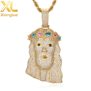 <b>Mens</b> Diamond Jesus Head Pendant Inlaid Colorful Zircon <b>Silver</b> Gold Jesus Face Christ Pendant - Product Image 1