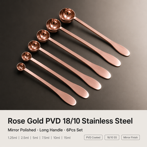Juego de Cucharas Medidoras de Acero Inoxidable 18/10 con Recubrimiento PVD en Oro Rosa, Acabado Espejo, Mango Largo, 6 Piezas, 1.25ml-15ml, para Cocina y Repostería - Product Image 1