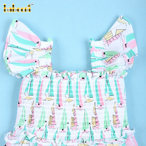 Babeeni OEM ODM Robe froncée à imprimé bateau à voile rose pour bébés filles, barboteuse en coton à manches courtes et boutons-pression Keli Bear - Product Image 1
