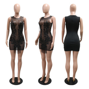 BH1360 abito da sera da donna a mezza lunghezza sottile borsa a fianco traspirante e trasparente con <span class=keywords><strong>frange</strong></span> senza perline <span class=keywords><strong>gonna</strong></span> senza maniche tinta unita - Product Image 6