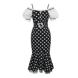 ZYHT Vintage Off-The-Shoulder Dress with Lantern Sleeve Fishtail Style Natural Waistline White Polka Dots Printed Strap Detail