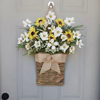 Panier de fleurs artificielles en plastique fait main, style pastoral frais transfrontalier, avec marguerites et tournesols, pour suspension sur porte ou arbre, et plante verte