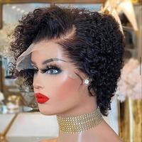 Peluca de Cabello Humano Corto Pixie con Frente de Encaje para Mujeres Negras, Peluca Pixie Cut Bob con 180% de Densidad, Peluca Corta Rizada Pixie Cut