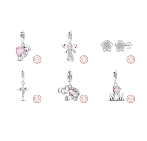 Venta al por mayor de dijes de plata de ley 925 con circonita cúbica rosa, lazos, flores, elefantes, y cuentas colgantes con la inscripción 'MAMÁ' para la creación de pulseras DIY y como regalo - Product Image 1