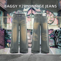 Jean droit en denim pour homme, coupe ample, style Y2K, vintage années 90, décontracté, skater, esthétique hip-hop, streetwear, effet usé, motif diamants