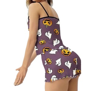 Conjunto de pijama camisola de Halloween para mujer, ropa de dormir con estampado de calabaza y <span class=keywords><strong>fantasma</strong></span>, pantalones cortos con dobladillo con volantes, ropa ligera para estar en casa - Product Image 1