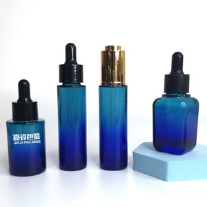 Skin Oil Cosmetic Packaging 30ml Blue Ombre Colorful Press Pump square Glass <b>Dropper</b> <b>Bottle</b> with Gold Push Button Lids 1oz - Product Image 1