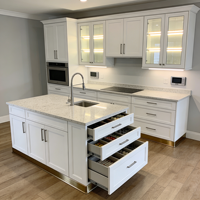 Cuisine contemporaine haut de gamme en U sur mesure avec four encastré, éclairage LED d'ambiance et rangement du sol au plafond