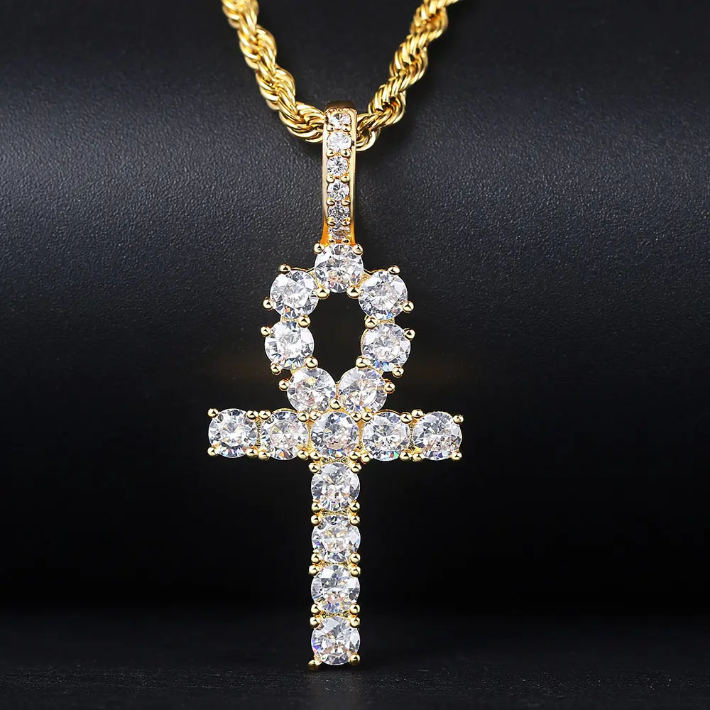 European Style Hip-Hop Unisex Key Cross Pendant Necklace Gold Plated Zircon Inlaid Necklace For Men