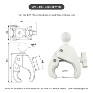 1.5''/38mm/<b>C</b> Sizes Largest Tough-Claw <b>Clamp</b> Ball Base W/ White Color for Maine or Medical Wheelchair Holder VIN-<b>C</b>-043-White - Product Image 3