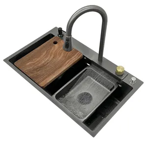 Lavello da cucina Nano nero 304 acciaio inossidabile fatto a mano sopra il montaggio a cascata rubinetto cucina fattoria lavandini