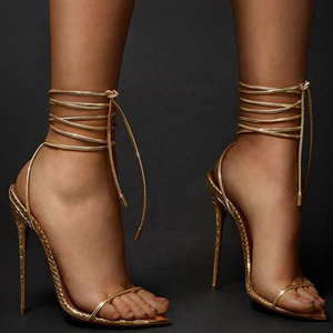 Sandales d'été 2021 dorées à brides croisées, talon fin, bout ouvert pointu, à lacets, chaussures habillées unies pour femme, grande taille 45 - Product Image 5