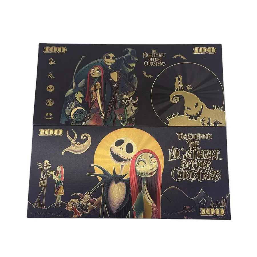 8 styles Famous America cartoon collectible movie card The Nightmare Before Christmas black gold plated foil banknote Anime card