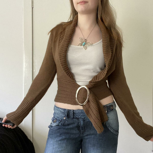 American Autumn Winter Vintage Wide Lapel Metal Ring Waist Cinching <b>Cardigan</b> Elegant Warm Trendy <b>Knit</b> Outerwear - Product Image 3