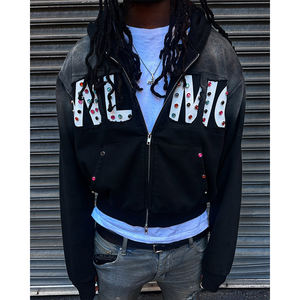 جاكيت رجالي فضفاض بطباعة الشاشة، تصميم هيب هوب للشارع، نمط ريترو مزين بالأحجار الكريمة، سحاب مزدوج، مظهر متهالك - Product Image 3