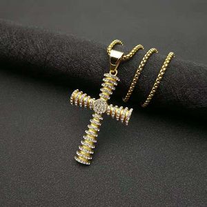 Gold Plated <b>Cross</b> Pendant Necklace Stainless Steel Pave Setting 3mm <b>Chain</b> 61cm Gift Jewelry - Product Image 3