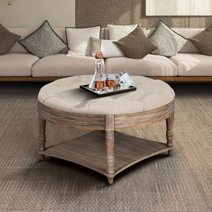 Round Waterproof Ottoman Coffee <b>Table</b> 2 Tier Button Tufted Wooden Shelf Storage Farmhouse Style - Product Image 1