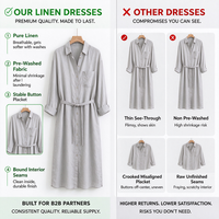 Robe chemise en lin gris clair OEM en gros, taille nouée, manches retroussées, longueur midi, vêtements d'été décontractés pour femmes