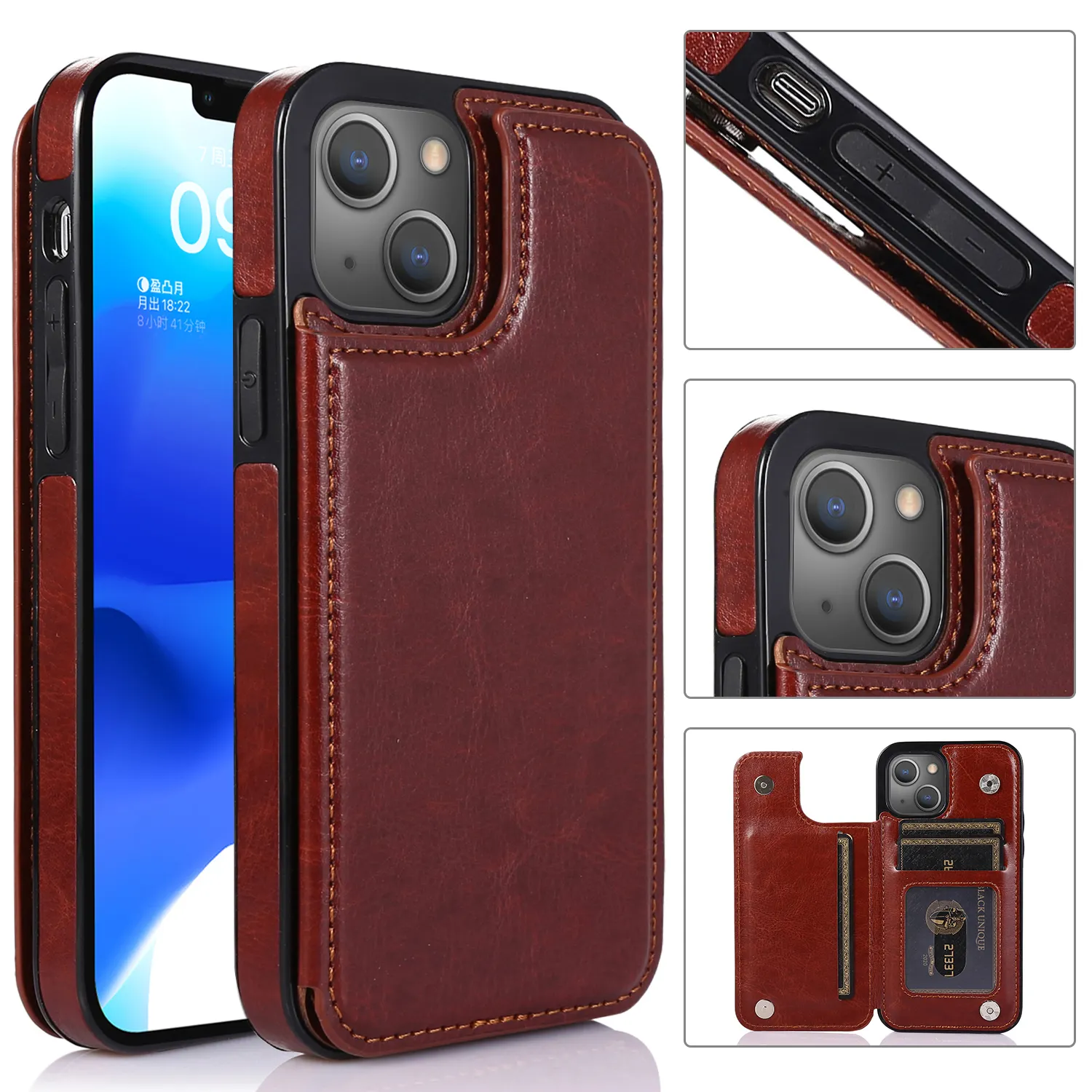 カードホルダーPUレザーキックスタンドウォレットケースforiPhone 15 14 13 11 Pro Max Plus Slots Double Magnetic Durable Shockproof Cover