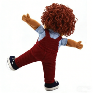 Marionnette garçon aux cheveux roux bouclés, Marionnette ventrilque à bouche mobile en salopette rouge en velours côtelé - Product Image 4