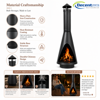 Brasero extérieur moderne en fer noir mat, conique, à ouverture en forme de goutte d'eau, avec capuchon de cheminée cylindrique, pour brûler du bois
