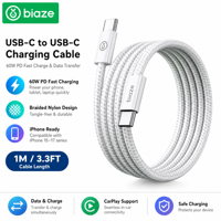 Biaze 60W USB-C ke USB-C PD Kabel Pengisian Cepat Berbahan Nilon Kepang untuk Smartphone IOS, Tablet, Laptop 1M