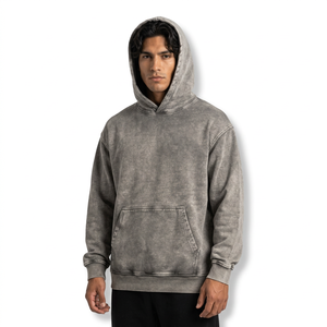 Sudadera con capucha para hombre, gris, estilo vintage, con efecto lavado ácido, con bolsillo canguro, de tejido grueso y forro polar, con cremallera completa - Product Image 1
