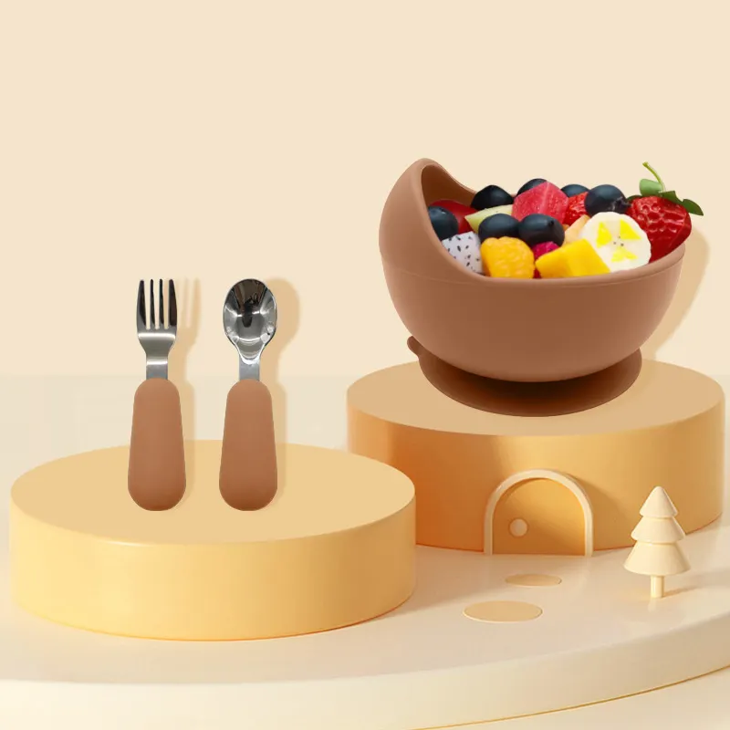 Kleinkind-Silikon-Fütterungs-Set Saugnapf-Löffel-Fork-Led-Seiden-Set für Babys