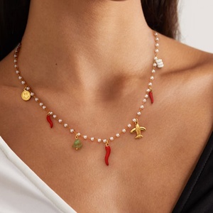 Collar de Perlas de Acero Inoxidable Chapado en Oro de 18K, Collar de Moda con Perlas Geométricas de Avión y Chiles, Joyería - Product Image 2