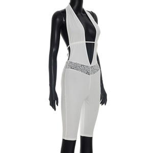 Viviblook J26JP216 Mono de verano para mujer, sexy, sin mangas, con cuello halter, espalda descubierta, con cordones, cuello en V profundo, cintura con patchwork de encaje, de una pieza - Product Image 4