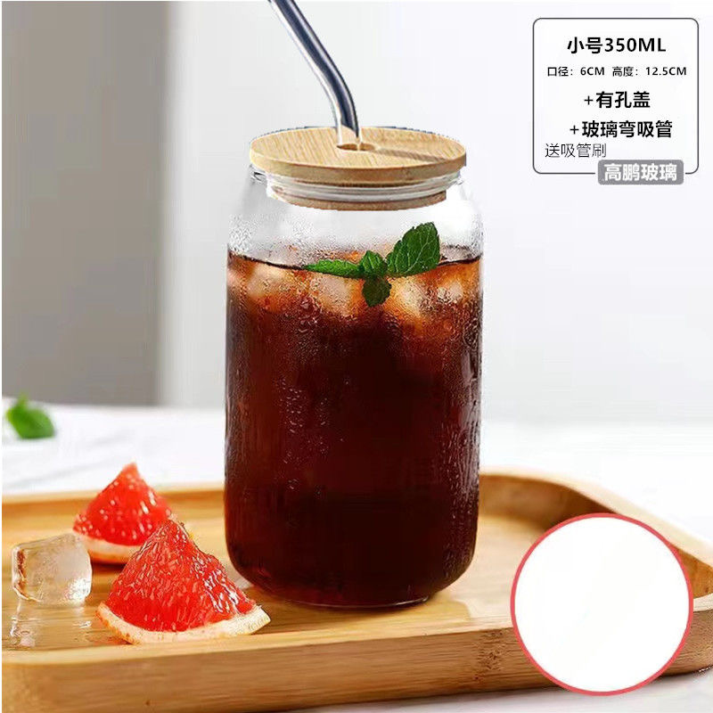 Hot Sale Stocked 12oz 16oz iced coffee beer soda can Glass Cups With bamboo lid and straw