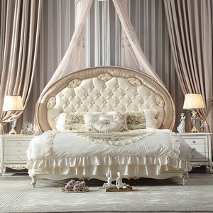 ベルサイユフランスの宮殿スタイルのダブルベッド無垢材チェスターフィールド彫刻生地ベッドヨーロッパスタイルの寝室の結婚式のベッド - Product Image 1