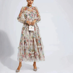 Vestido de noche de organza con estampado floral de manga larga para mujer, cuello alto, cintura imperio, falda maxi transparente con capas - Product Image 3