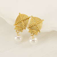 Boucles d'oreilles pendantes en perles, acier inoxydable 304, plaqué or 18 carats sous vide, 33 mm, plaque texturée tressée, corde croisée, bijoux vintage pour femmes