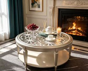 Champagne <b>Gold</b> <b>Round</b> Glass Coffee <b>Table</b> with Geometric Lattice Top & Lower Shelf - Product Image 3