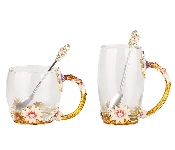 3d Crystal flower Water Enamel cup Daisy Glass tea coffee drinking cup gift box mug sets with lid and spoon