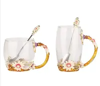3d क्रिस्टल फूल पानी तामचीनी कप डेज़ी गिलास चाय कॉफी पीने कप उपहार बॉक्स मग ढक्कन और चम्मच के साथ सेट