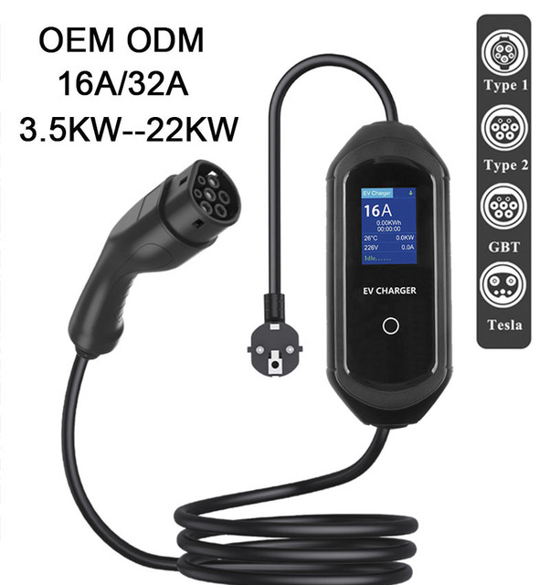 New Wholesale Portable 7kW EV Charger Schuko/NEMA 14-50/Type 1/Type 2/GBT/NACS Adapter Outdoor EVSE Cable Adjustable Current