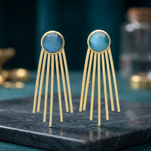 Nouvelles boucles d'oreilles pendantes en pierres précieuses bleues dorées, plaquées or, en alliage de métal précieux, faites à la main, style ethnique indien, cadeau de fiançailles - Product Image 2
