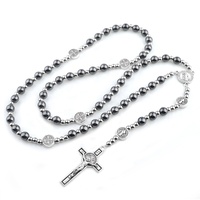 Collier de prière catholique Saint-Benoît en hématite et acier inoxydable pour hommes et femmes