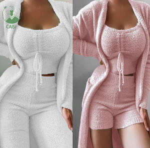 Nuovo Completo Loungewear da Donna in Morbido Pile a Tre Pezzi Pigiama con Allacciatura <span class=keywords><strong>Abbigliamento</strong></span> Casual da Casa per la Notte - Product Image 1