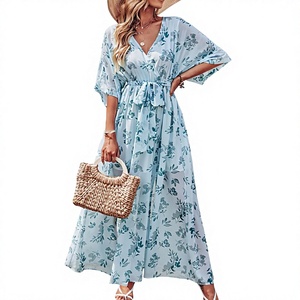 Womens Boho Halter Lace-Up V <b>Neck</b> Midi Sleeve Slit A-Line High Waist Eco-Friendly Breathable Summer Dress Vacation Waist <b>Tie</b> - Product Image 1