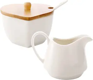 Wedding Gift 2024 Ceramic Creamer and Sugar Set with Bamboo Tray White Sugar Bowl and Creamer Pitcher Jug with Spoon and Lid