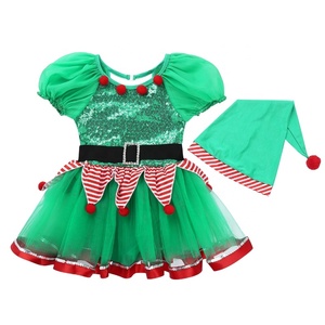 Kids Girls Christmas Elf Dress Fairy Spirit Costume <strong>Outfit</strong> Short Puff Sleeves Sequined Mesh Tutu Leotard Dress With Hat - Product Image 3