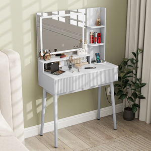 Bureau de toilette moderne en bois avec miroir LED éclairé, tiroirs de rangement et station de charge pour chambre, salle de bain et hôtel - Product Image 1
