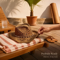 Chapeau de soleil d'été ajouré en paille à large bord avec bande de perles coquillages et sangle de menton pour la plage, le camping et les voyages, vente en gros