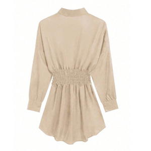Robe chemise kaki pour femme à taille élastique, manches longues, motif géométrique, épaules tombantes, coupe droite, mini, décontractée, pour le quotidien, en polyester - Product Image 6